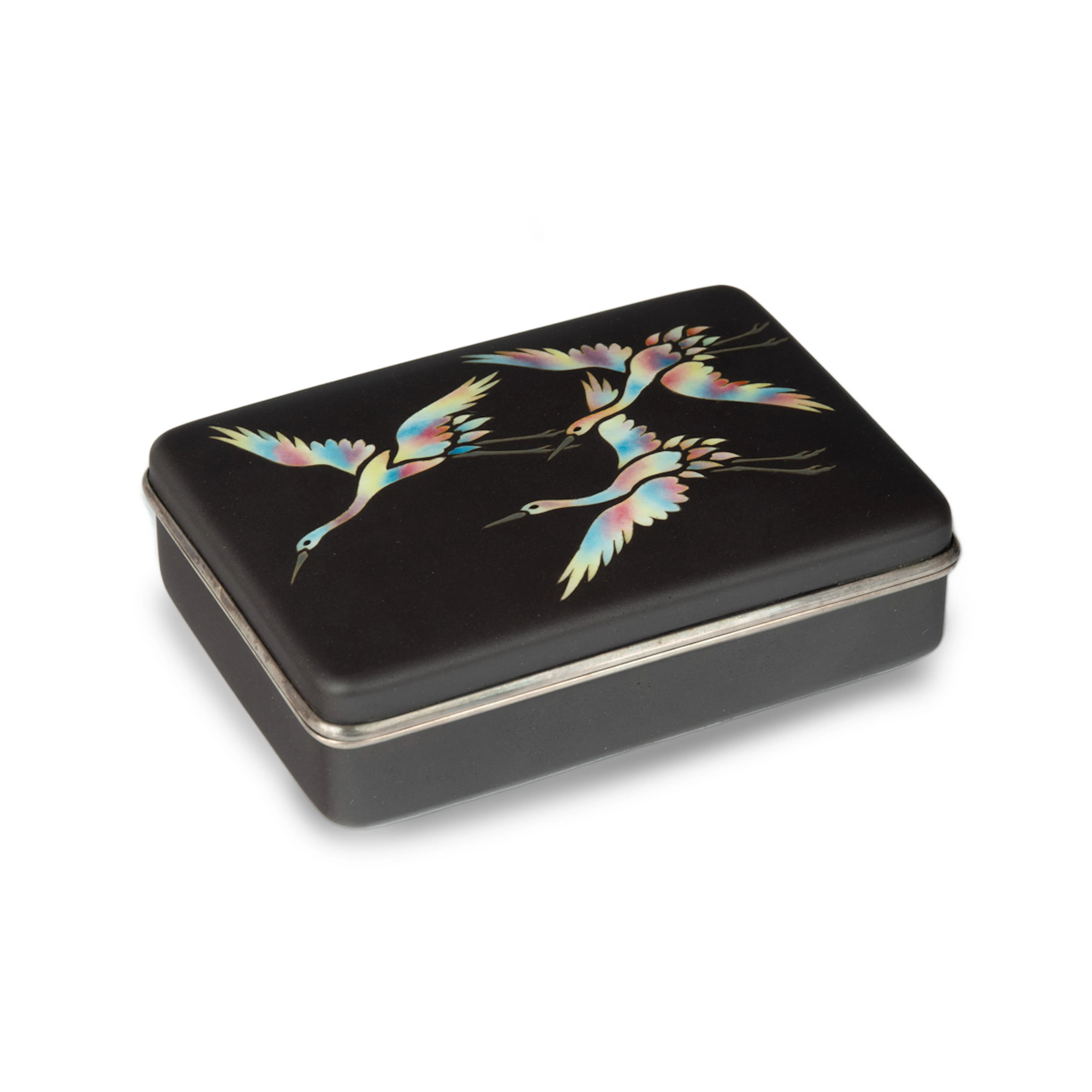 A Showa period cloisonné box with three cranes, Ando Company