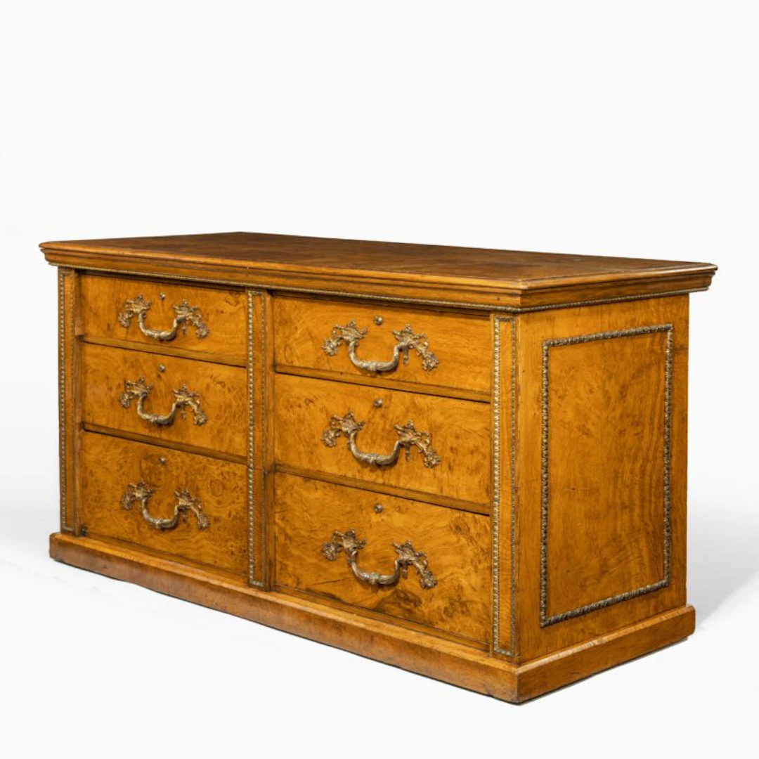 A fine George IV burr oak chest of drawers in the manner of Morel and Seddon