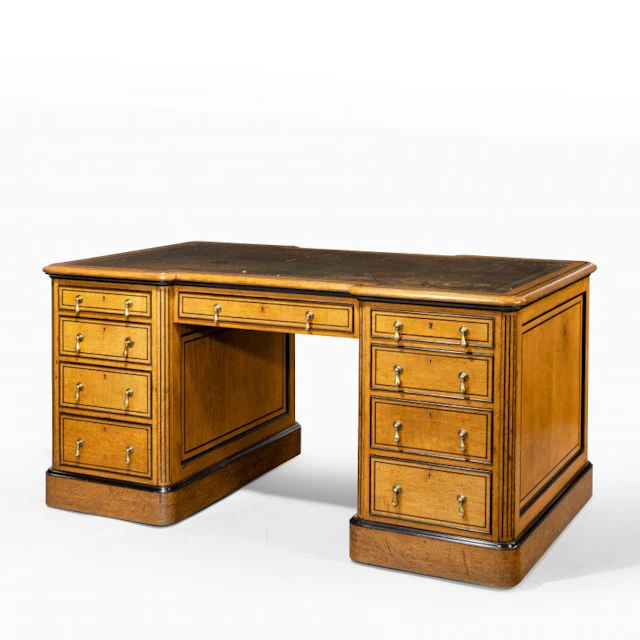 Small Victorian Oak and Ebony Partner’s Desk, Attributed to Holland and Sons