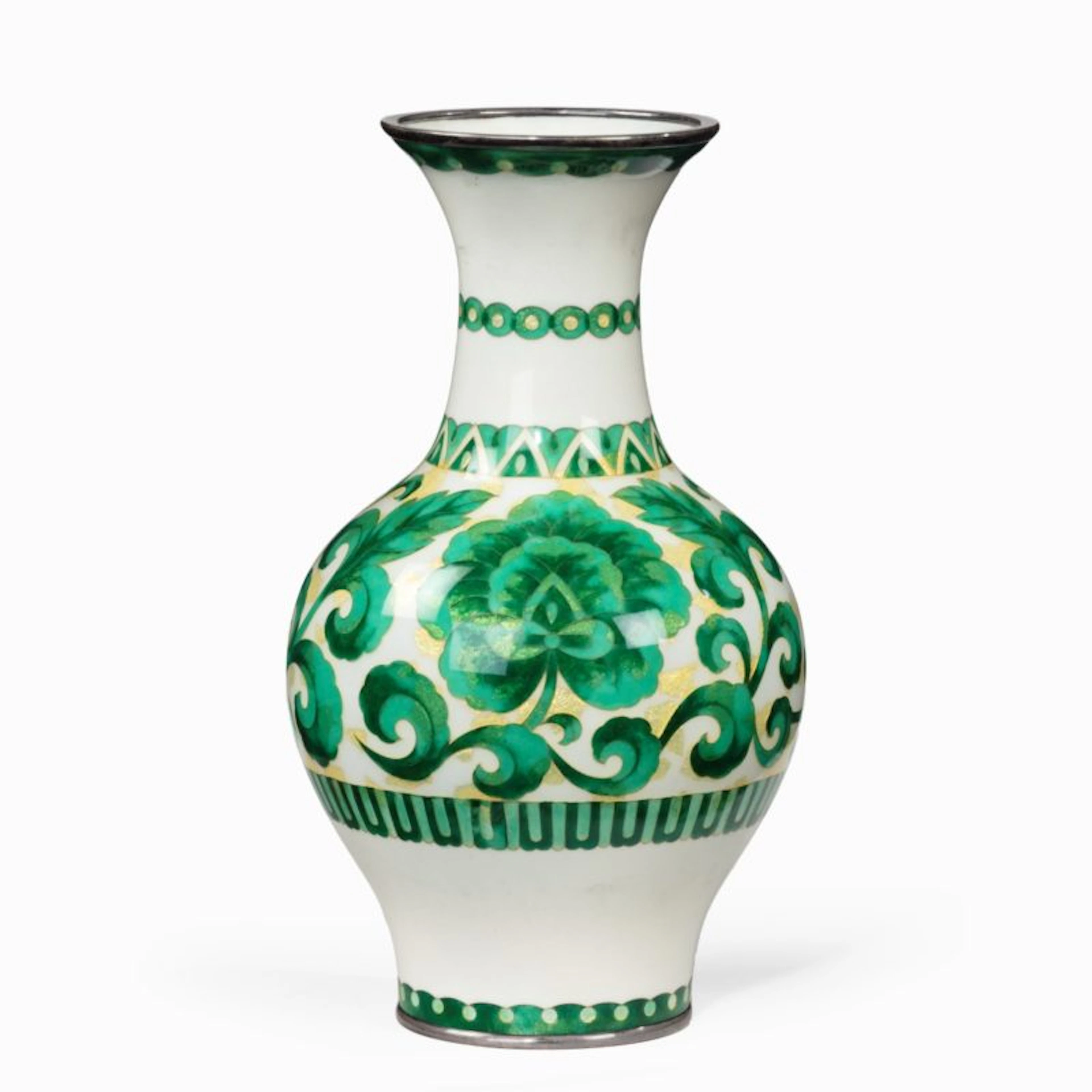 A striking Cloisonné enamel vase with gold and green gin-bari decoration
