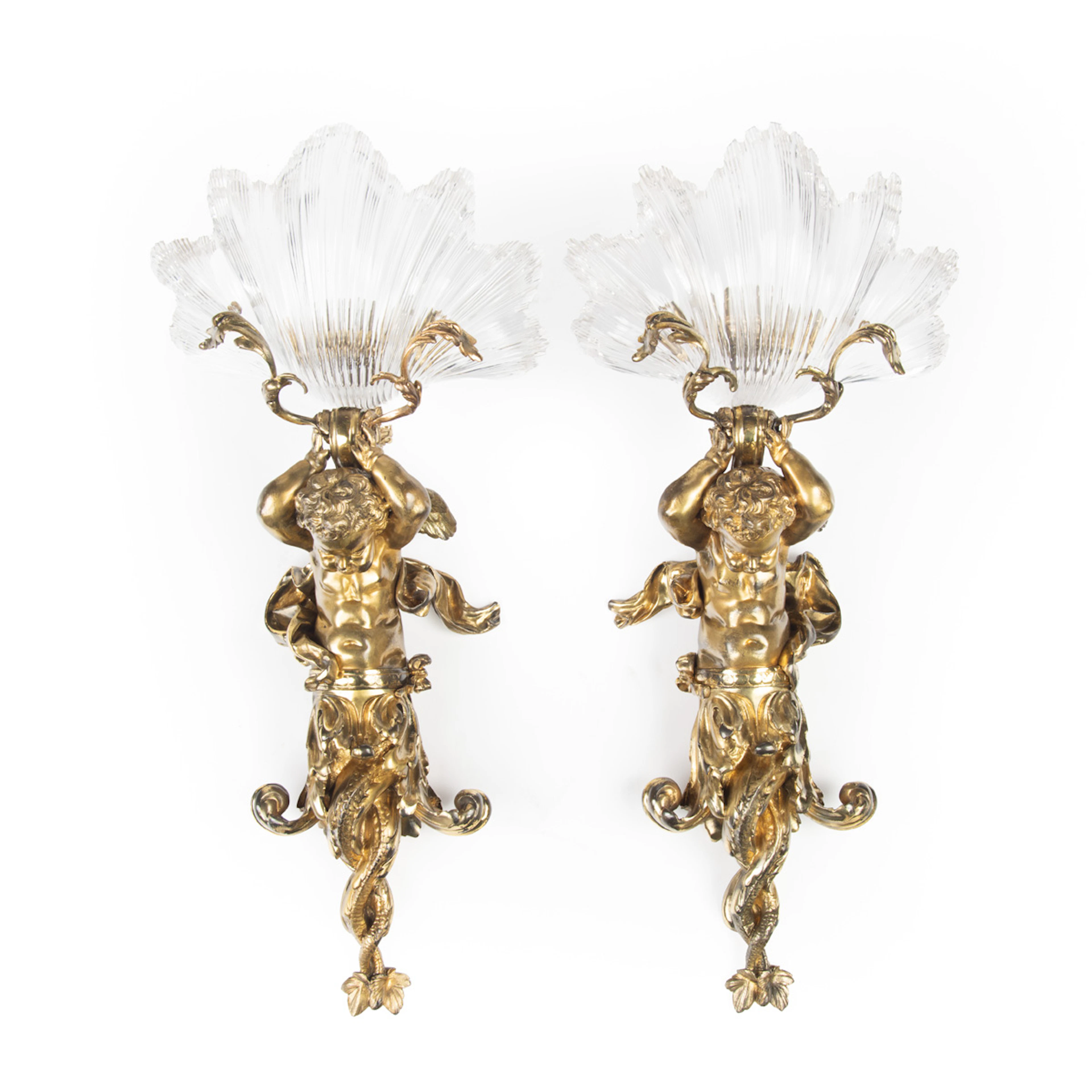An Exceptional Pair of Ormolu and Glass Triton Wall Lights by Lerolle