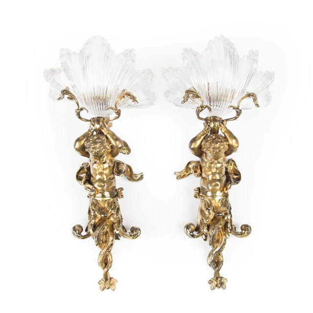 An Exceptional Pair of Ormolu and Glass Triton Wall Lights by Lerolle