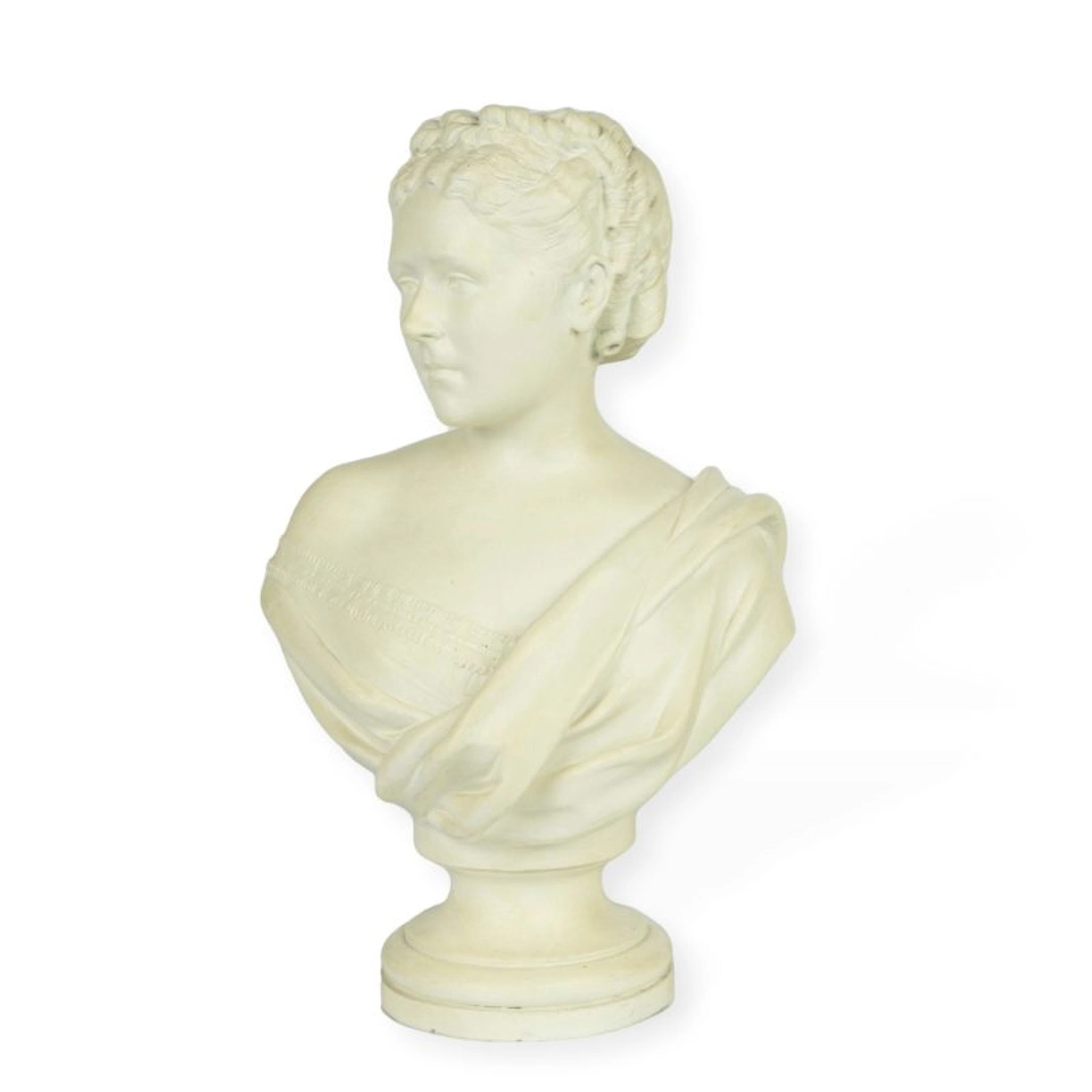 A Victorian white painted terracotta bust of a young woman