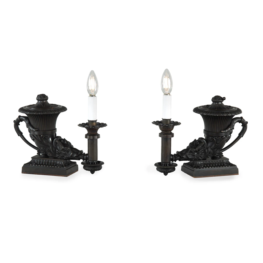 An Interesting Pair of William IV Period Bronze Colza Rhyton Lamps