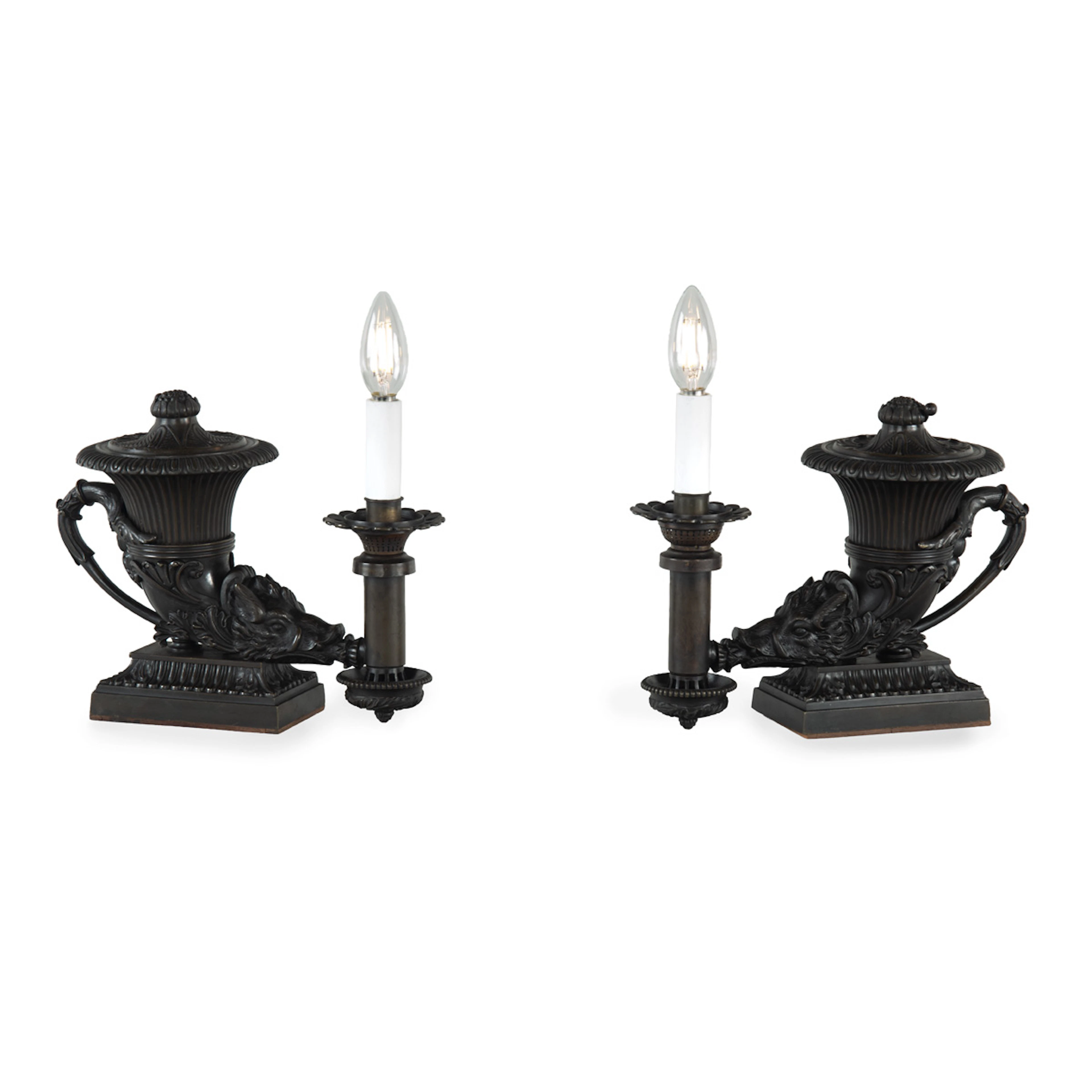 An Interesting Pair of William IV Period Bronze Colza Rhyton Lamps