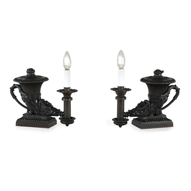 An Interesting Pair of William IV Period Bronze Colza Rhyton Lamps