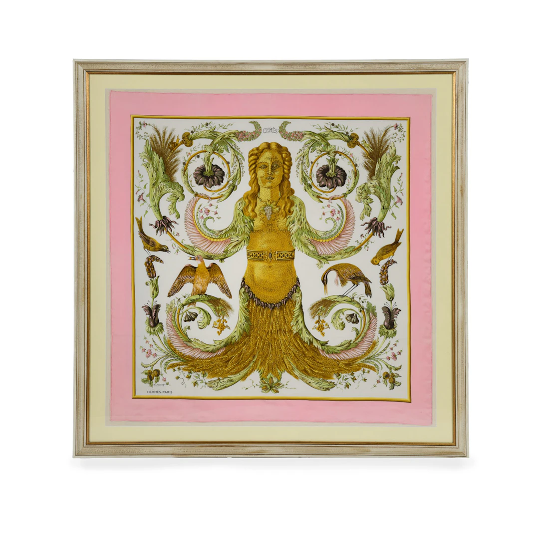 A fine framed Hermès 90 silk square of Cerès, by Françoise Faconett, circa 1967