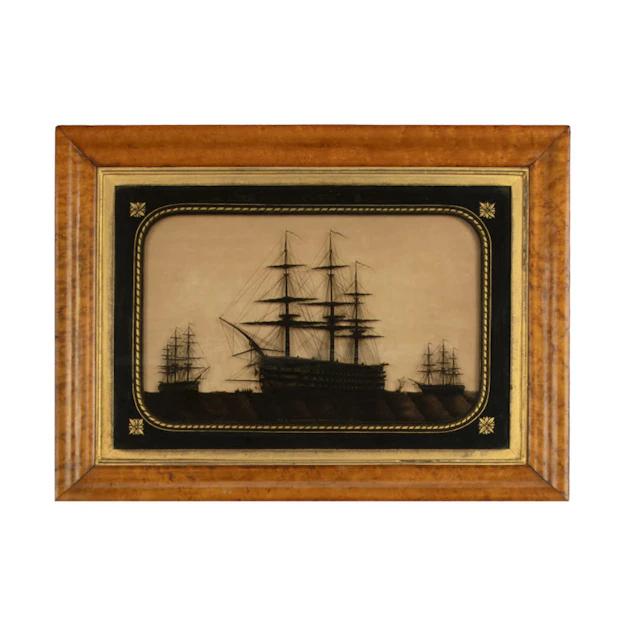 A fine reverse glass silhouette of H.M.S.s Marlborough, Foudroyant and Lee
