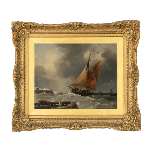 A small oil painting of a fishing boat leaving Calais Harbour by E