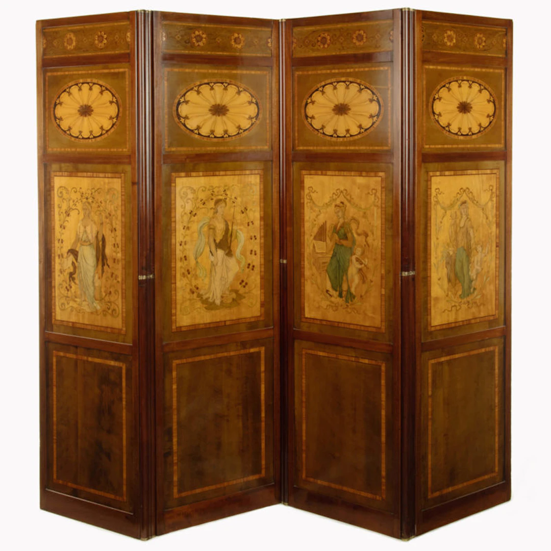 A late victorian inlaid four fold drafts screen, attributed to Hicks of Dublin