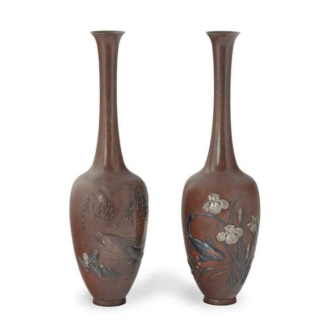 A pair of fine Meiji period bronze vases by Hidenobu