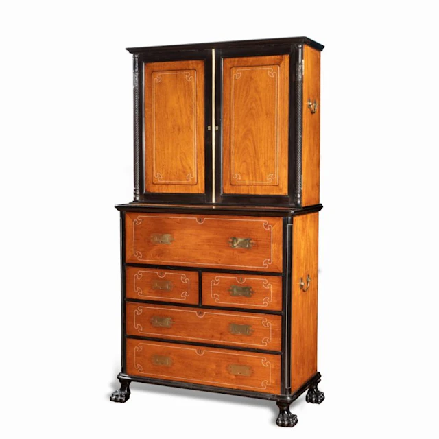 An Anglo-Chinese camphor and ebony campaign secretaire bookcase