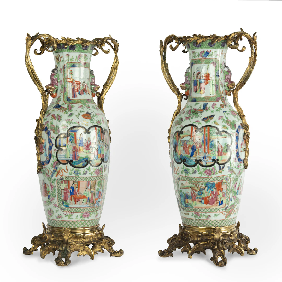 A fine pair of unusual ormolu mounted Chinese porcelain vases