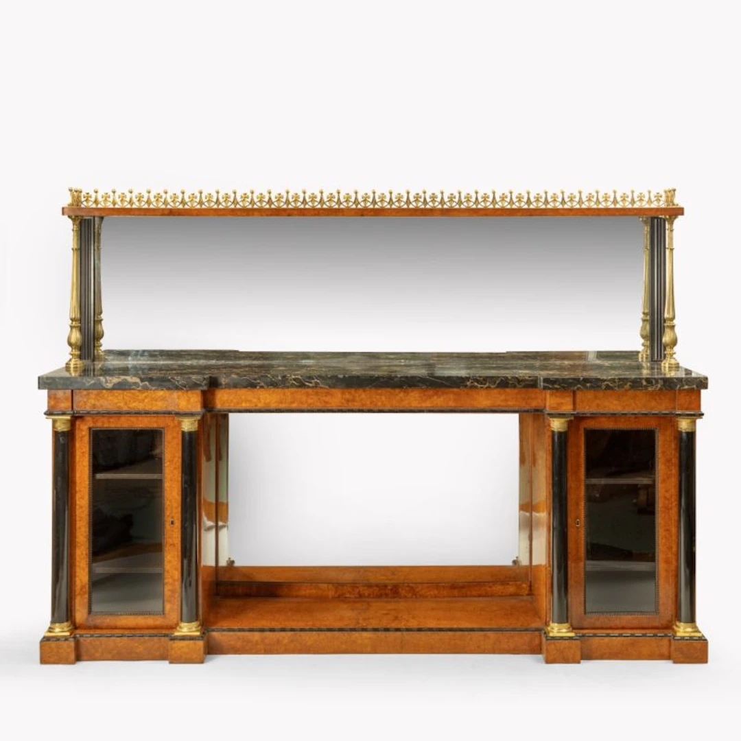 A late Regency portoro marble topped amboyna side cabinet