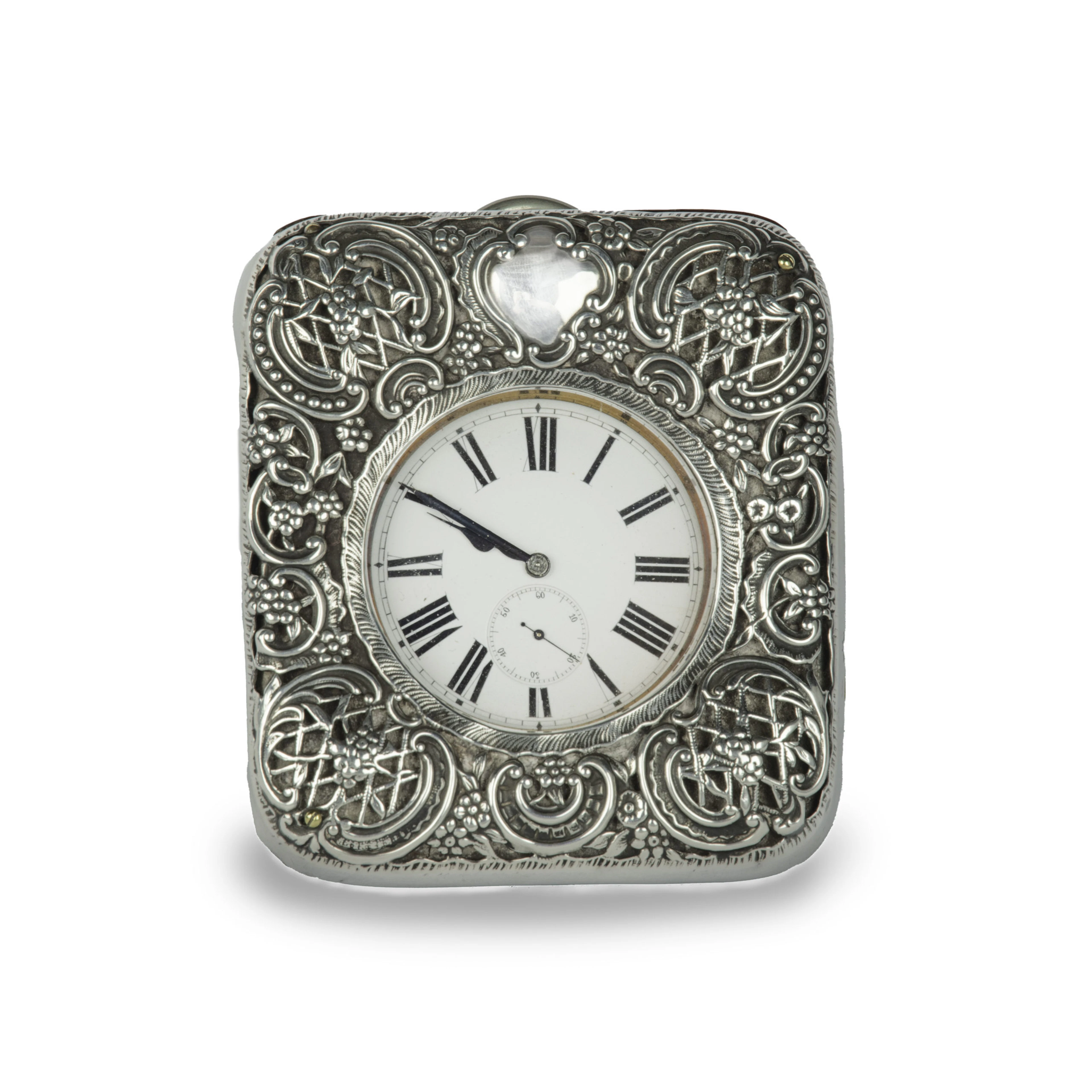 An Edwardian silver watch set into a repousse silver case