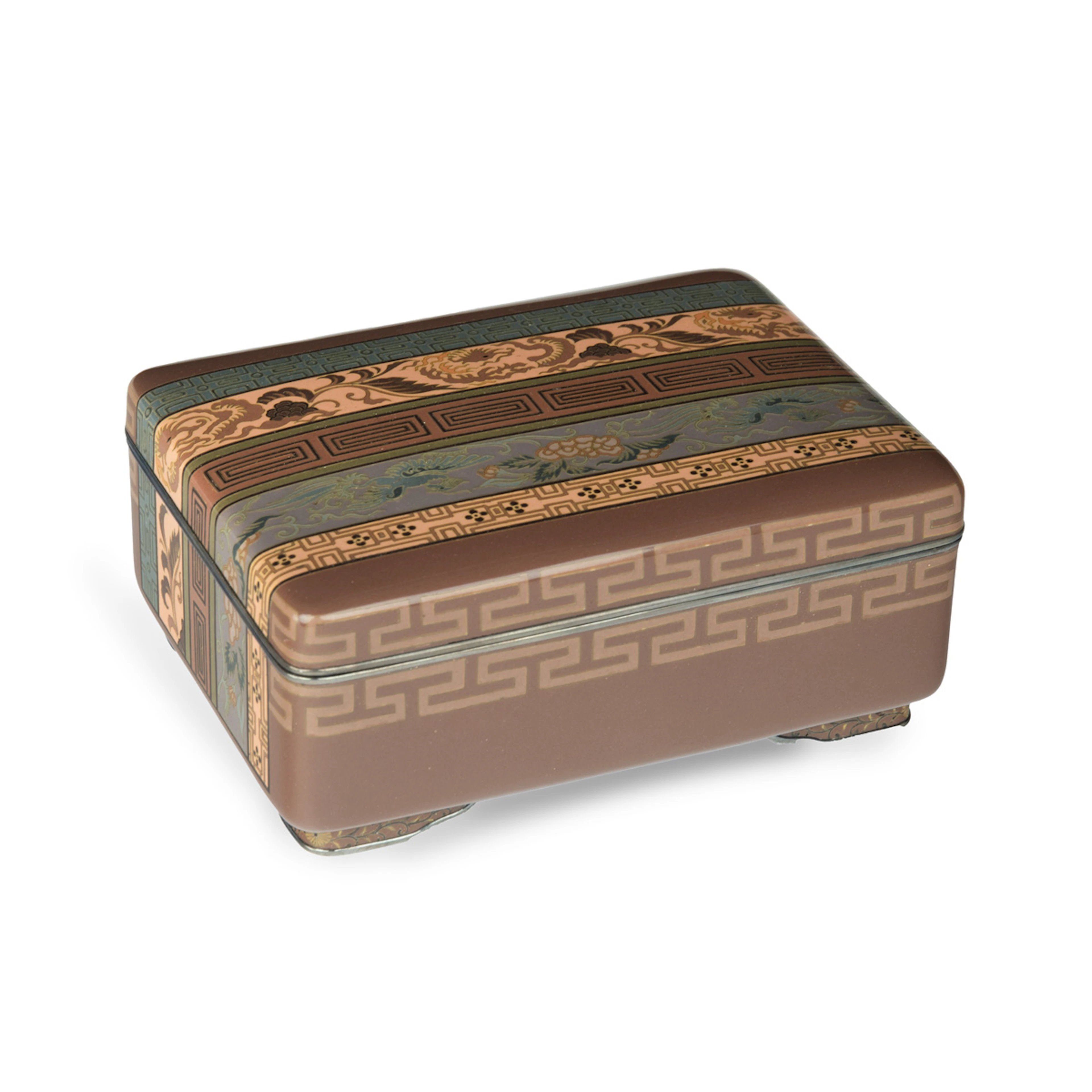 A very fine Meiji period cloisonné box and cover with brocade designs
