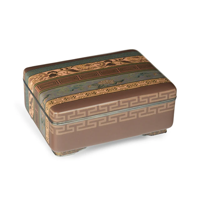 A very fine Meiji period cloisonné box and cover with brocade designs