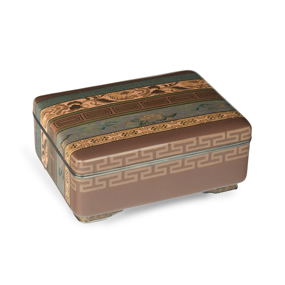 A very fine Meiji period cloisonné box and cover with brocade designs