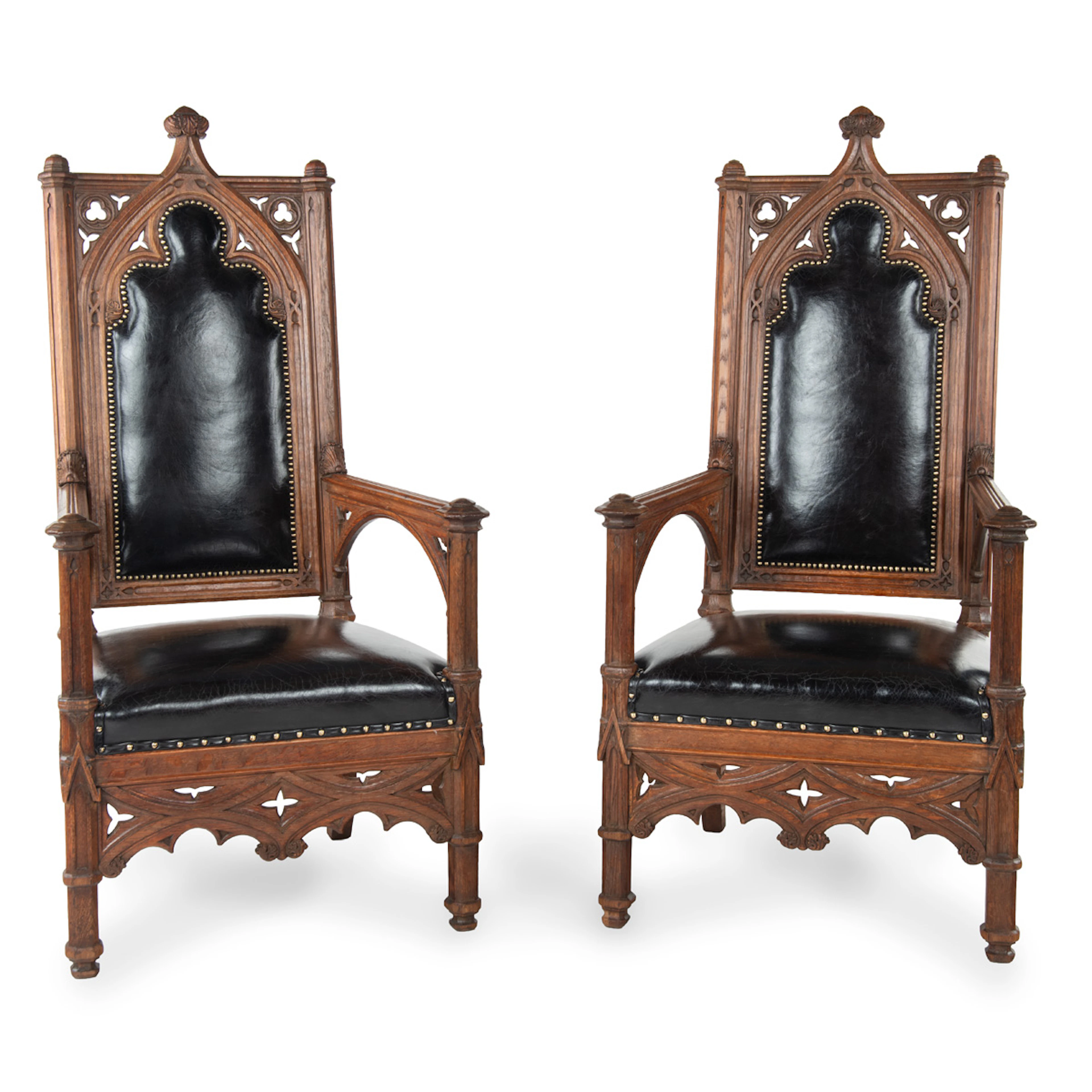 A Fine Pair Of 19th Century French Gothic Oak Open Arm Chairs, Reupholstered