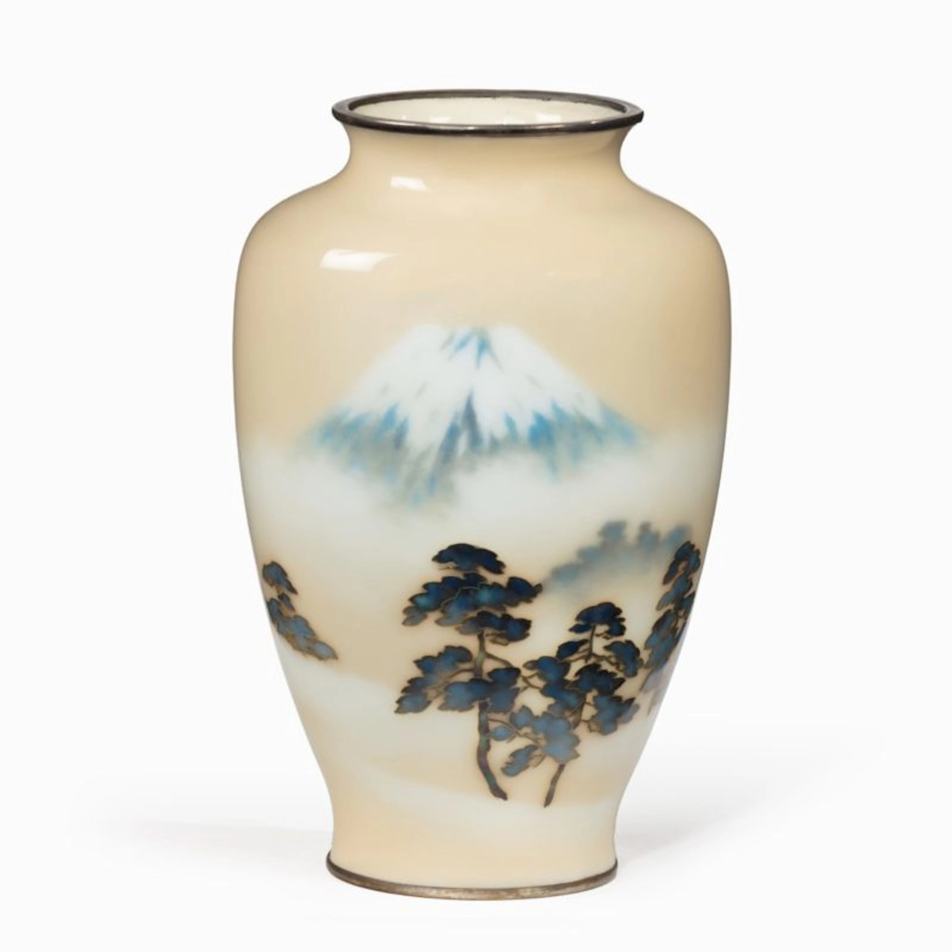 A Showa period rich cream ground musen cloisonne enamel vase with