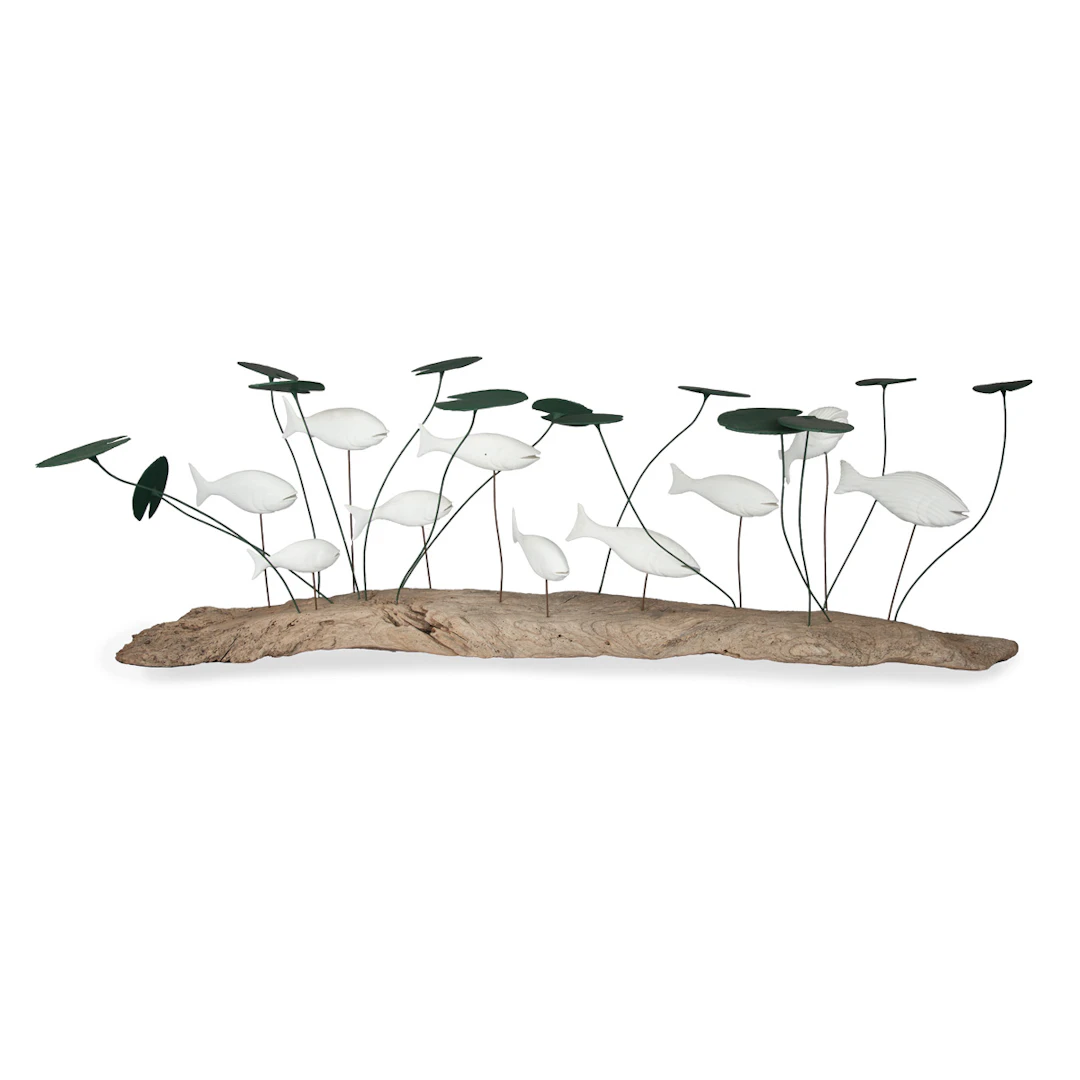 A wood and metal sculpture of a shoal of fish amongst lily pads by