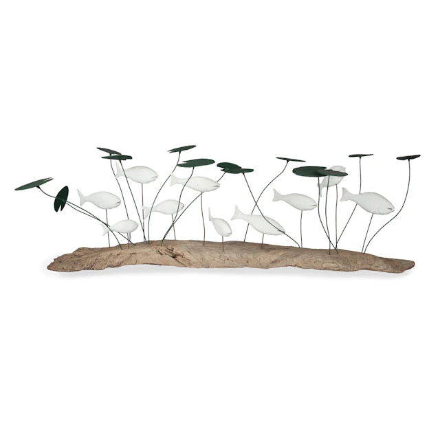 A wood and metal sculpture of a shoal of fish amongst lily pads by