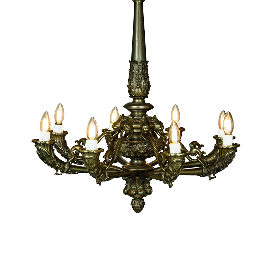 A French bronze chandelier with the original chain and ceiling rose