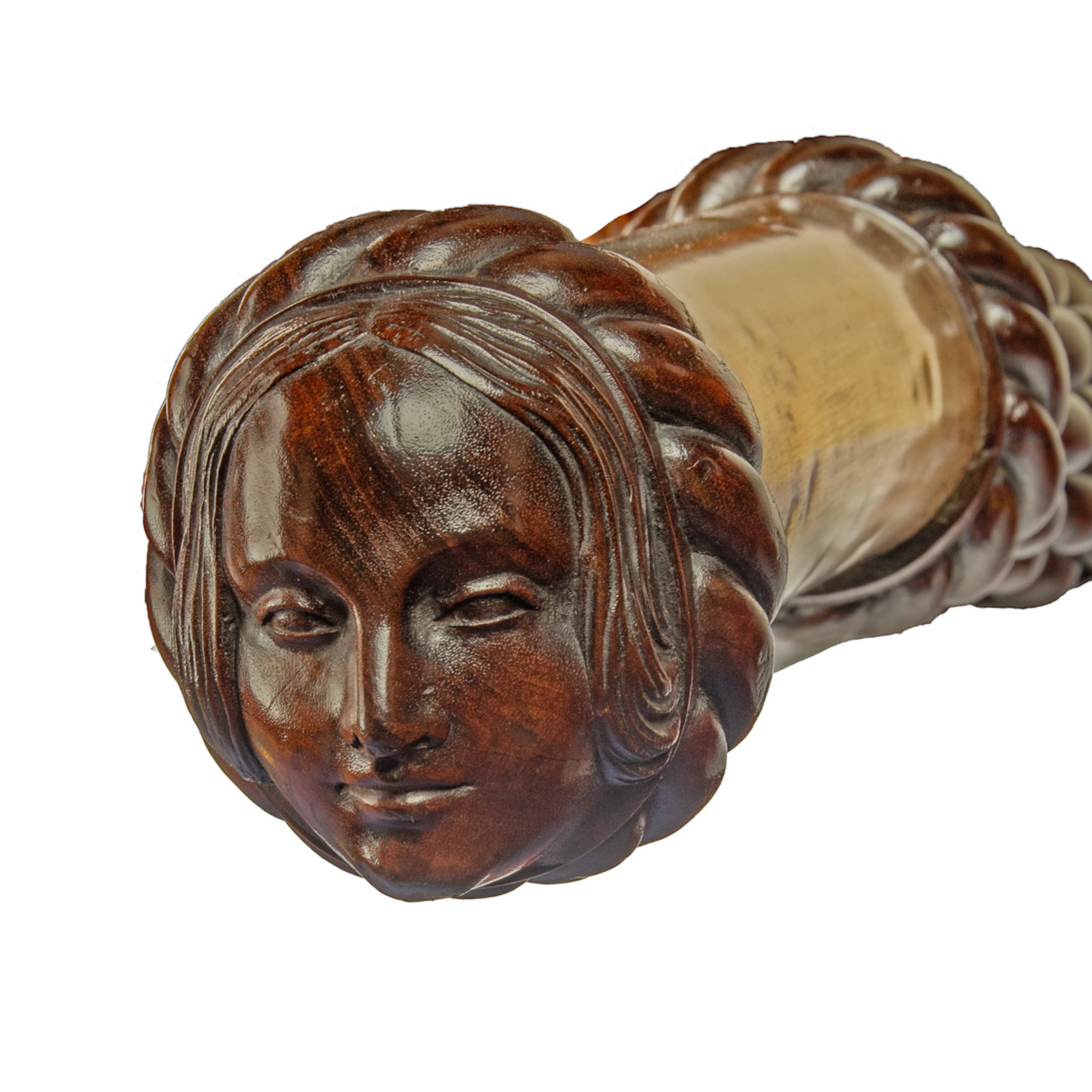 A large ship’s ‘Sunday’ tiller carved with Princess Victoria, before