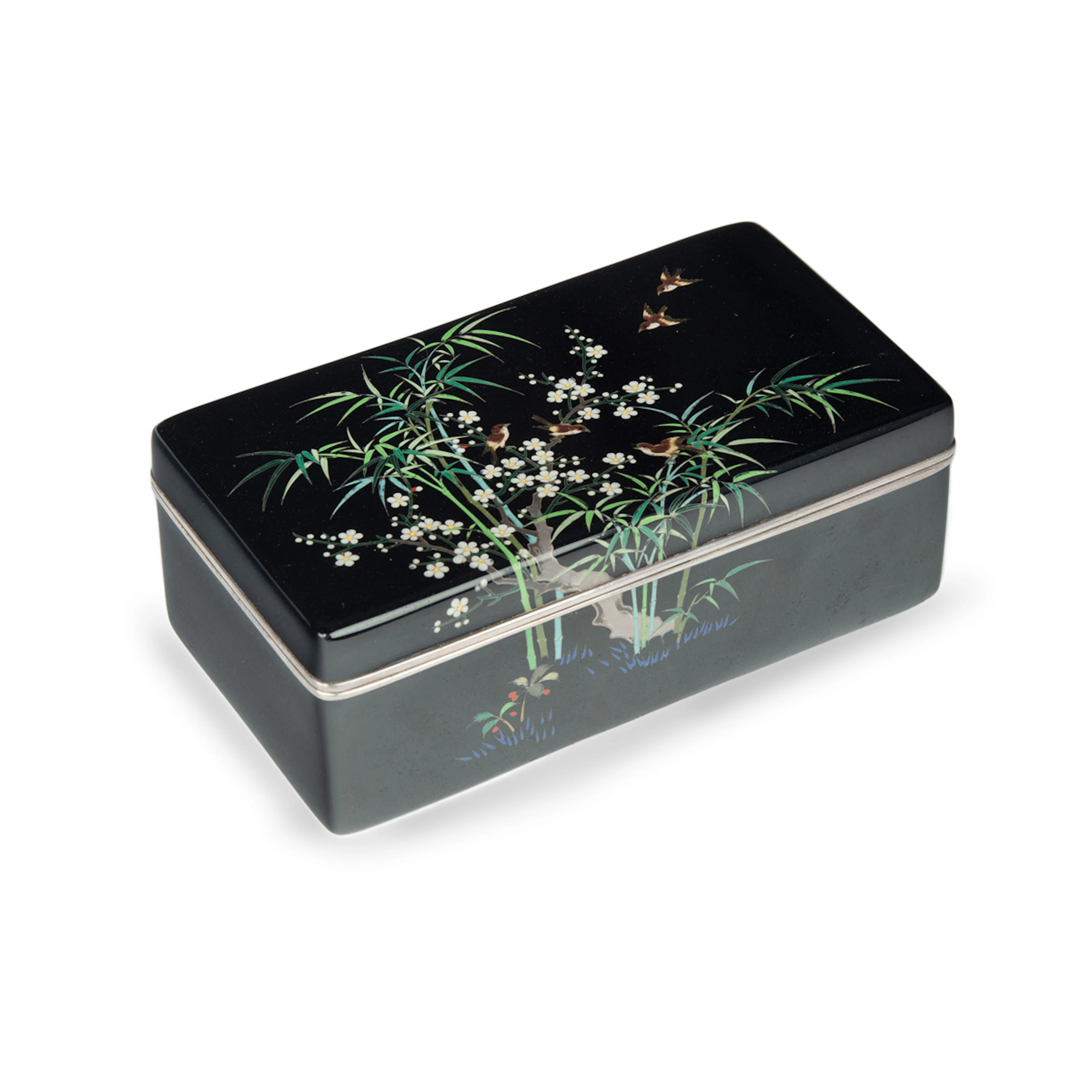 A Meiji period cloisonné box and cover with sparrows, prunus and bamboo
