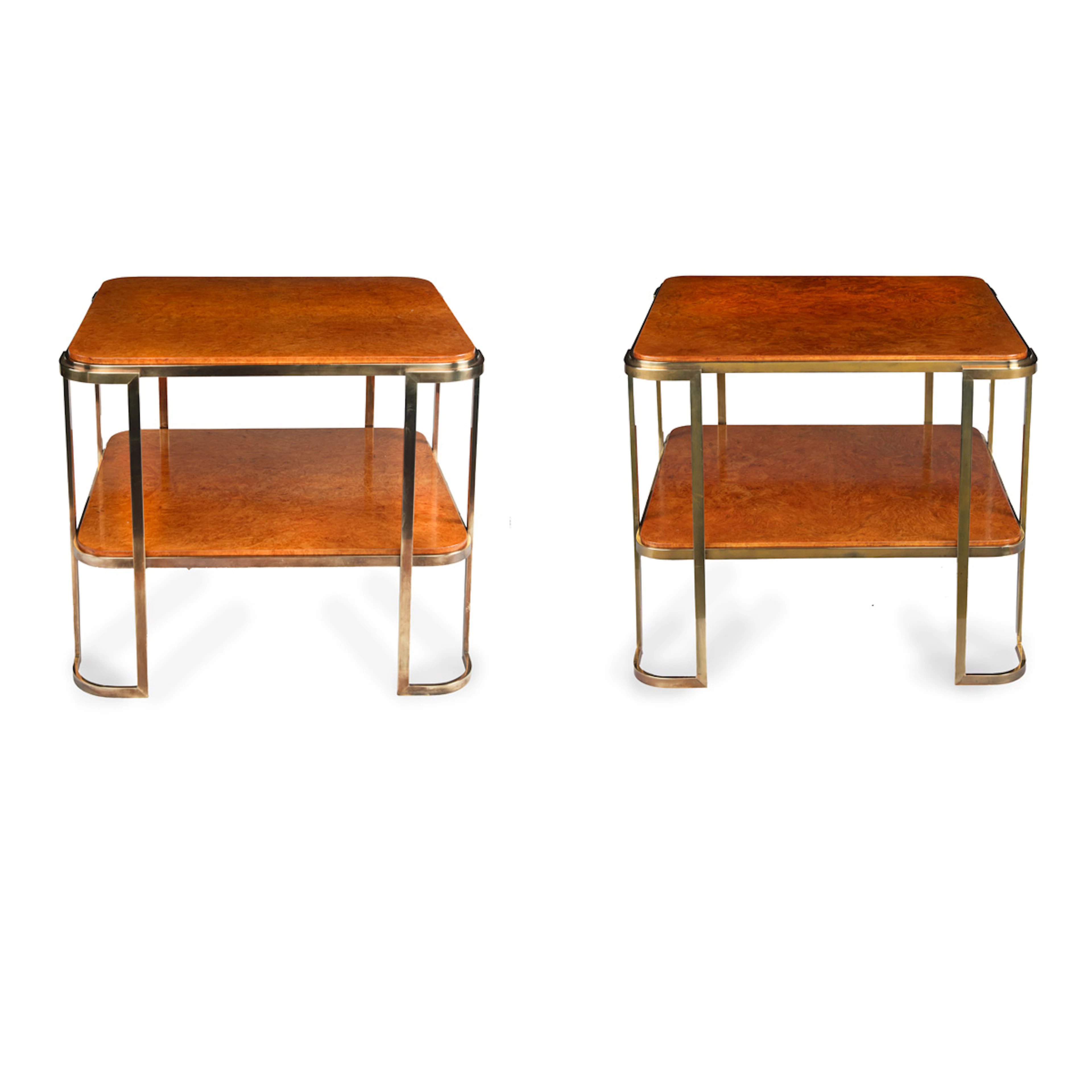 A pair of stylish Art Deco burr amboyna and bronze occasional tables