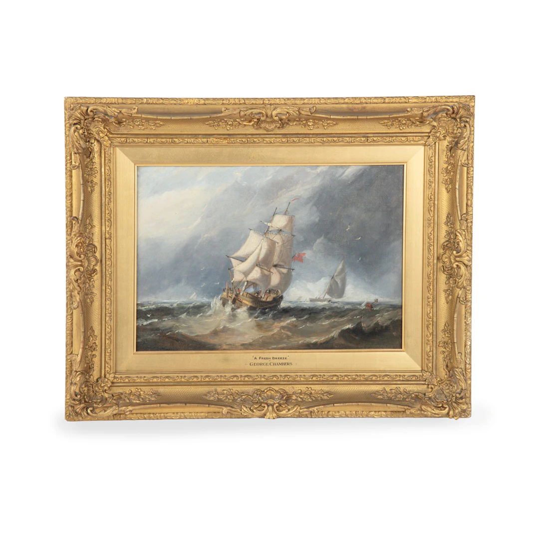 A Fine and Small Oil Painting of a Ship of the Line and Other Vessels