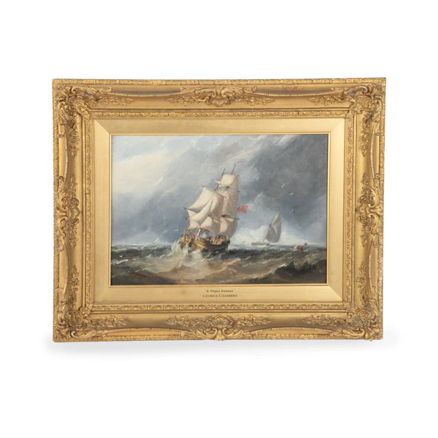 A Fine and Small Oil Painting of a Ship of the Line and Other Vessels