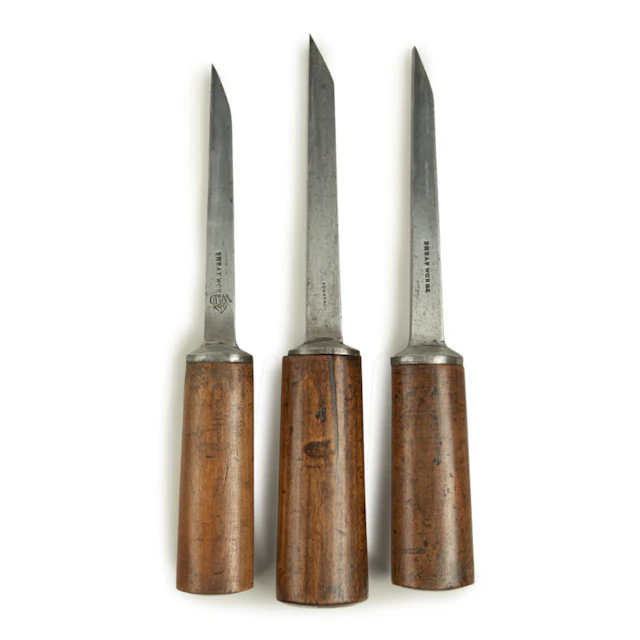 Three mortice chisels, all with sturdy ash handles by Sorby & Co