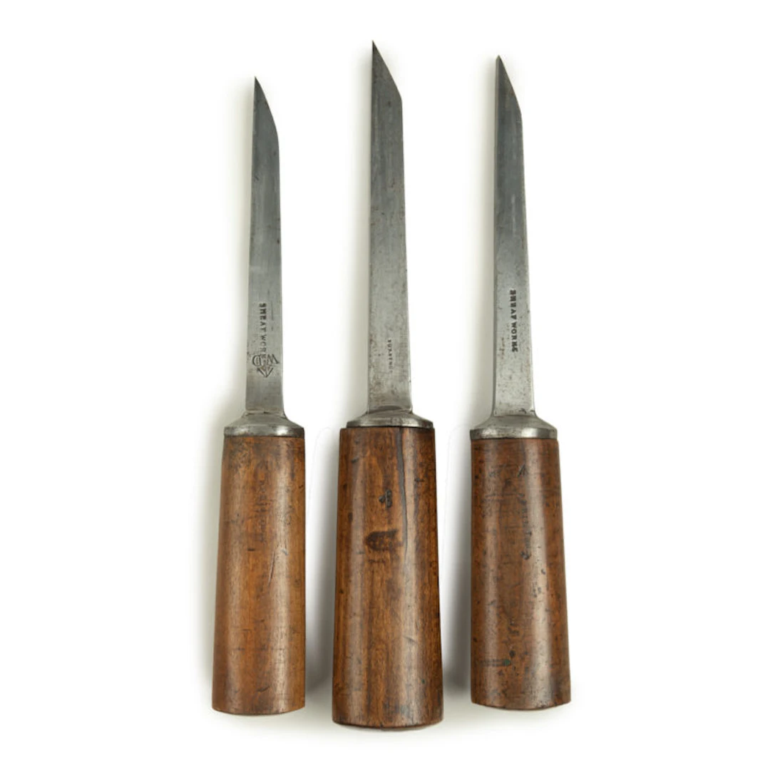 Three mortice chisels, all with sturdy ash handles by Sorby & Co