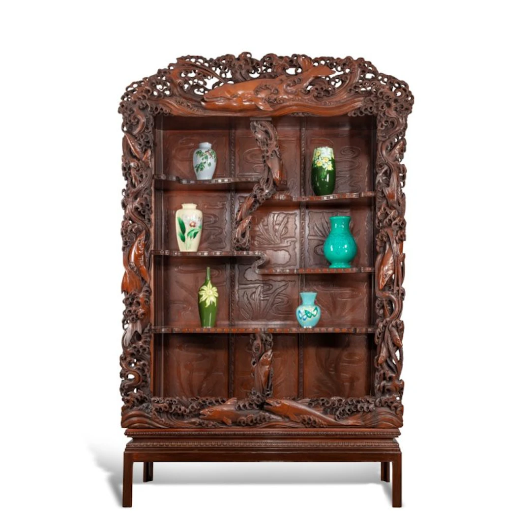 A superb monumental Meiji period hard wood display cabinet, by Noguchi