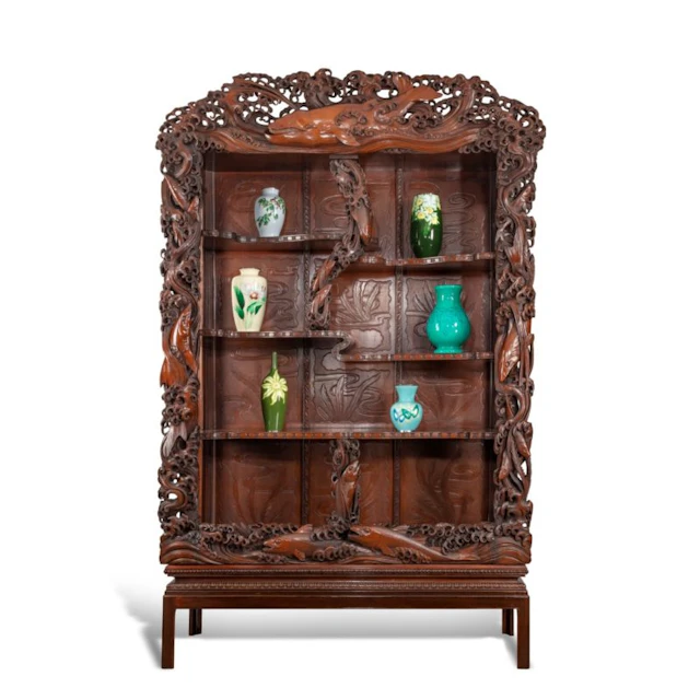 A superb monumental Meiji period hard wood display cabinet, by Noguchi