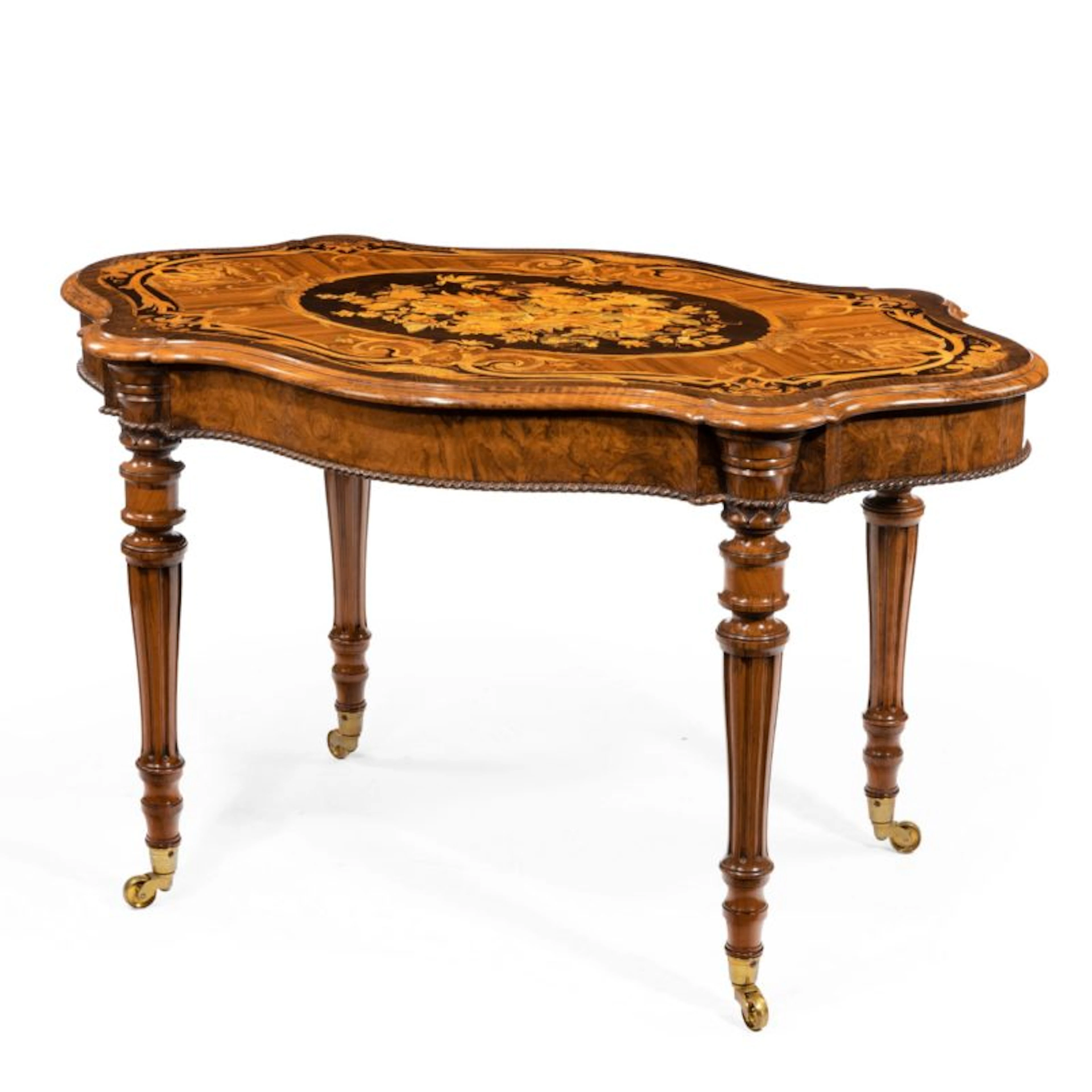 A Victorian burr walnut marquetry library table