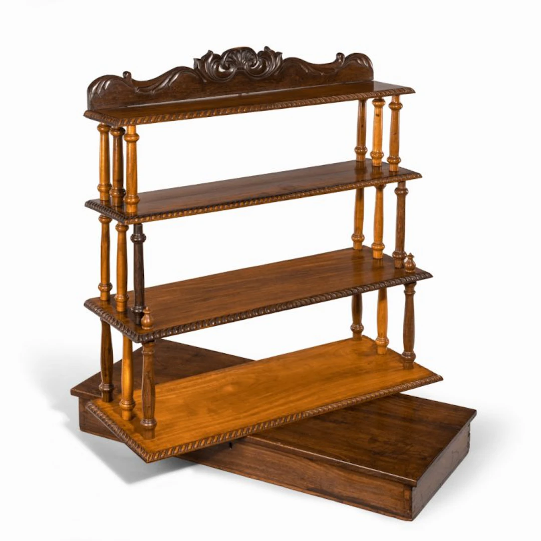 A set of Anglo-Ceylonese specimen wood campaign wall shelves in a