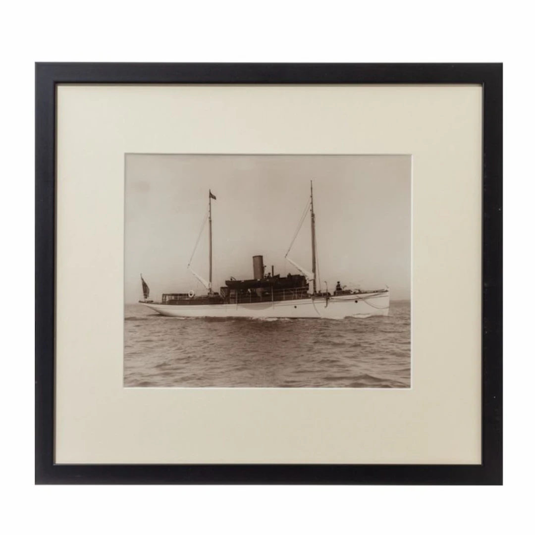 Original gelatin print of a gentleman’s steam yacht on passage Circa