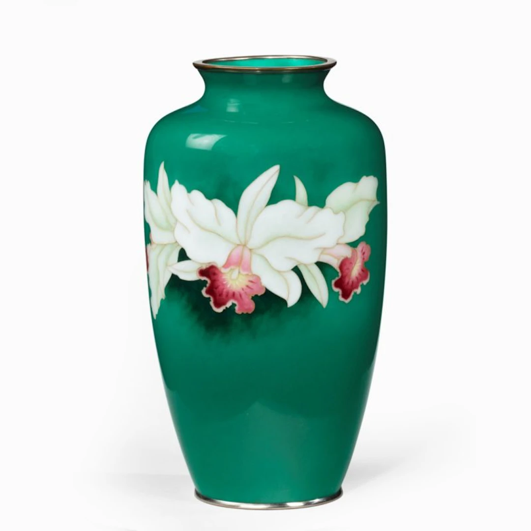 A Showa period tall deep green ground cloisonne vase