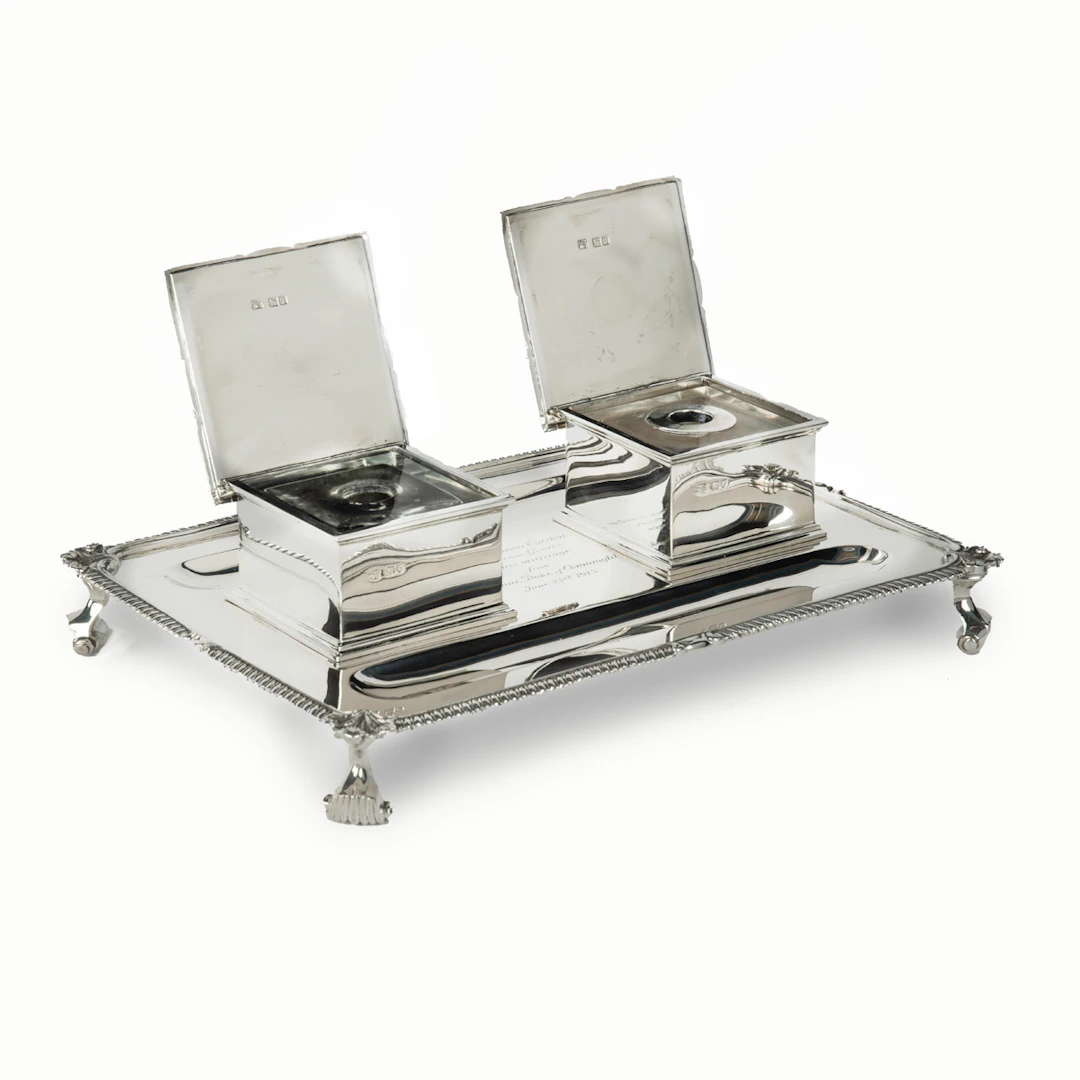 A George V silver double inkstand presented to Major Seymour Egerton