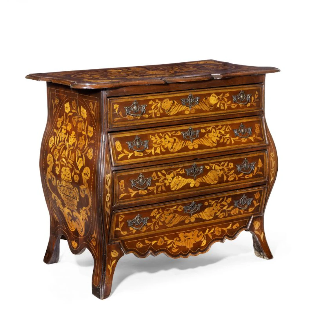 Period Dutch Mahogany Four-Drawer Bombe Marquetry Commode