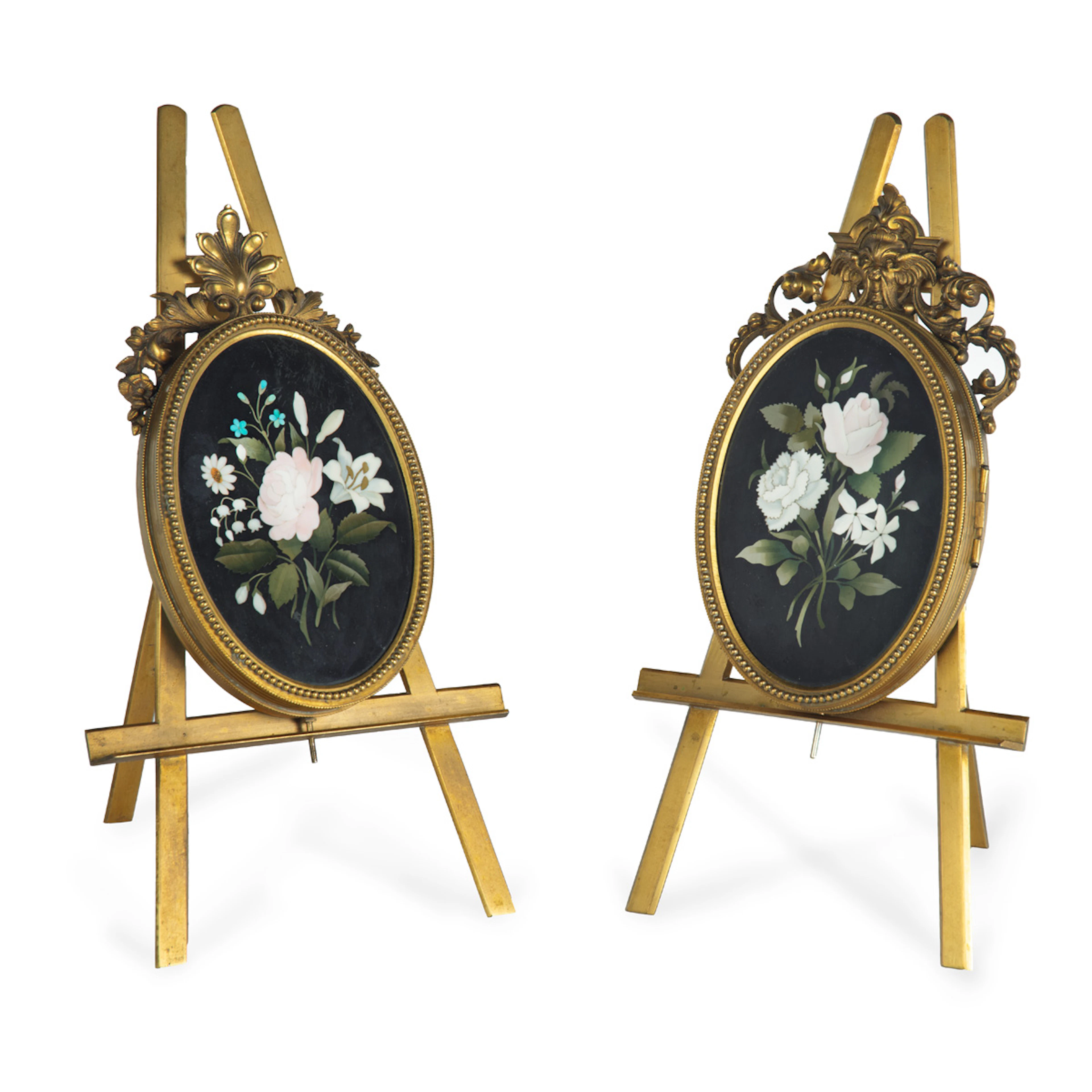 Two very similar pietra dura and ormolu photograph frames on easels