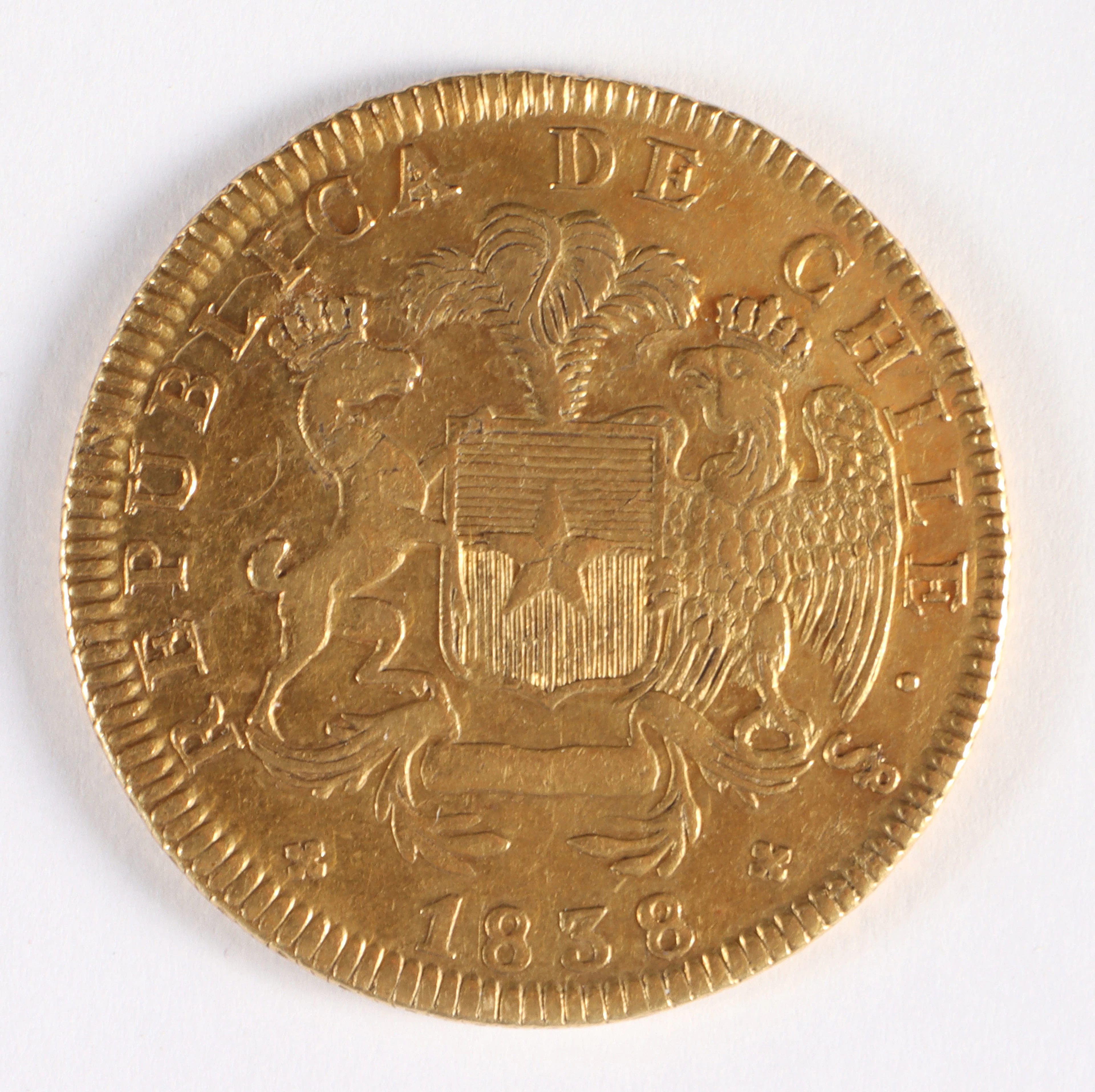 Mynt i gull, 8 escudos - Chile 1838.