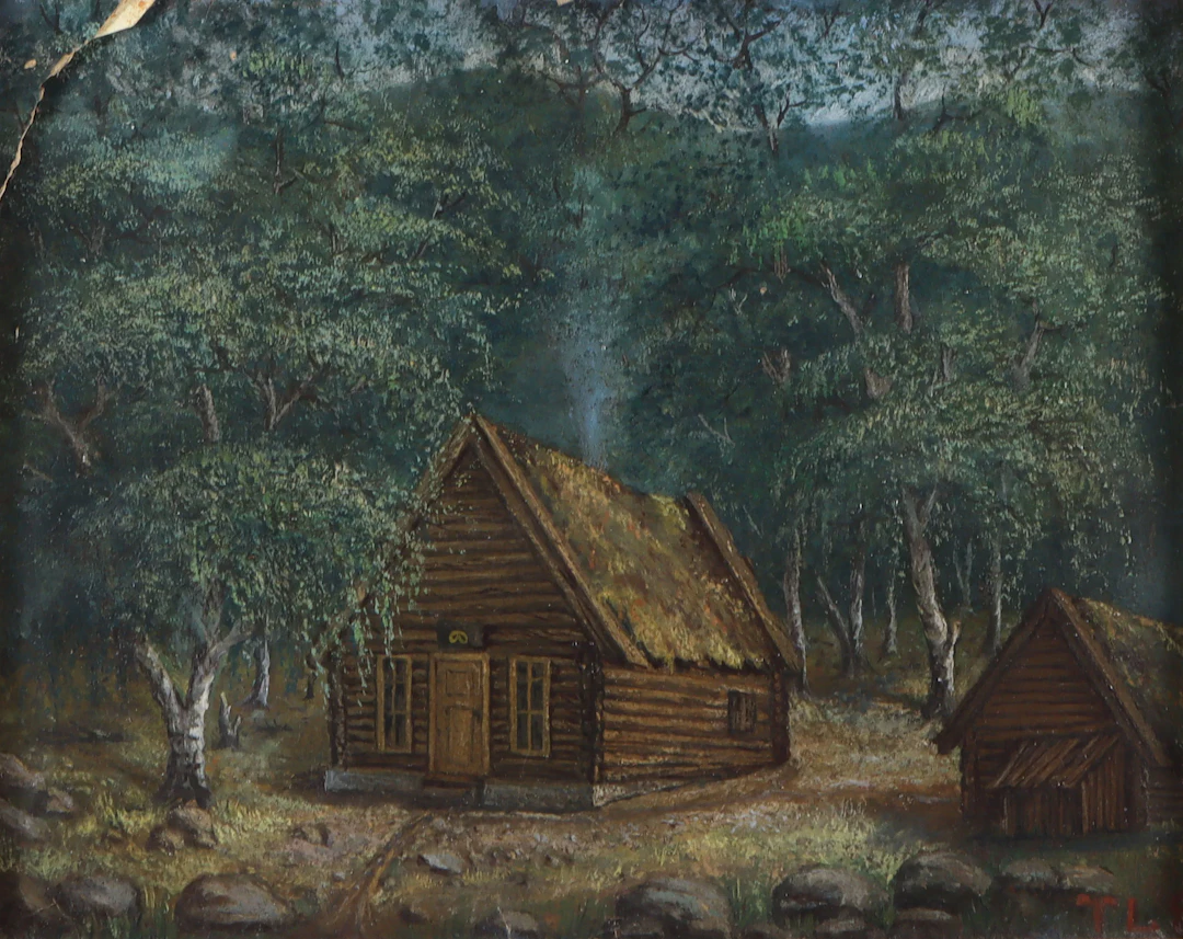 Maleri, monogramert. Hytte