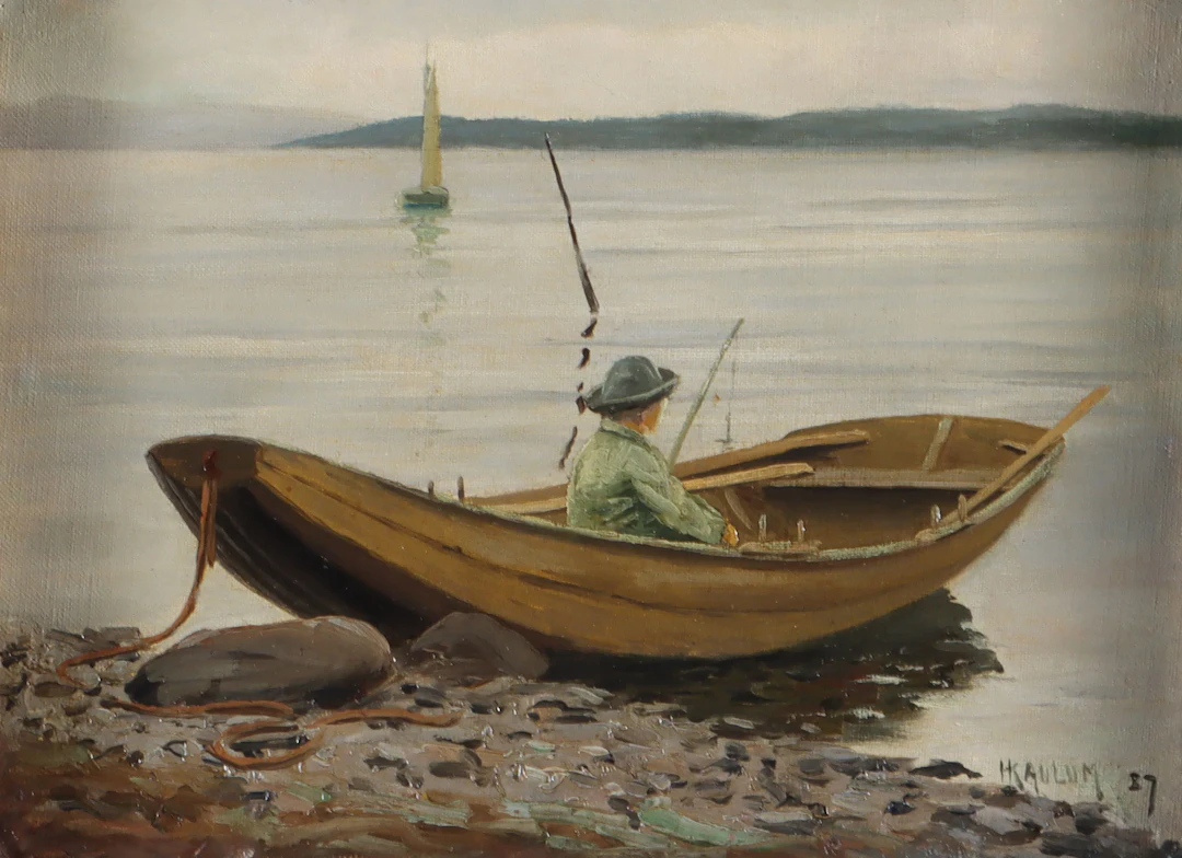 Haakon Kaulum, gutt i båt. Maleri.