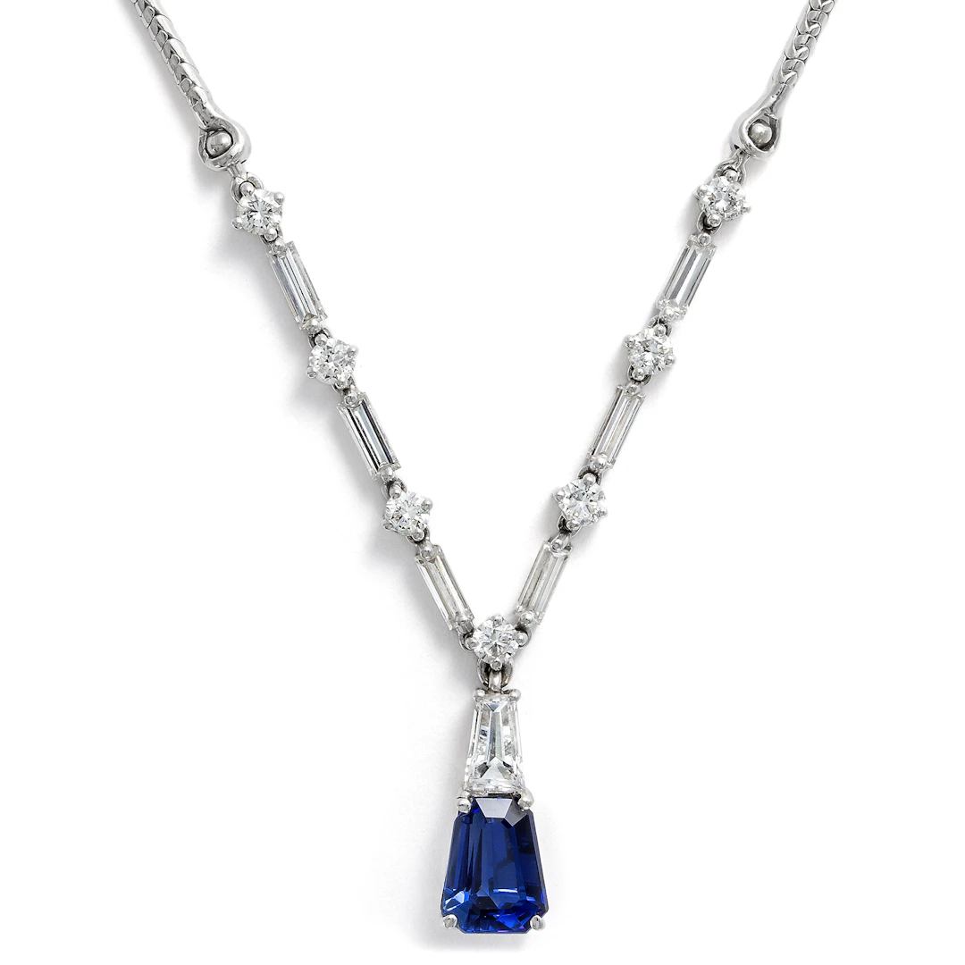 Exquisite Vintage Necklace With Sapphire & Diamonds In White Gold, Circa 1990