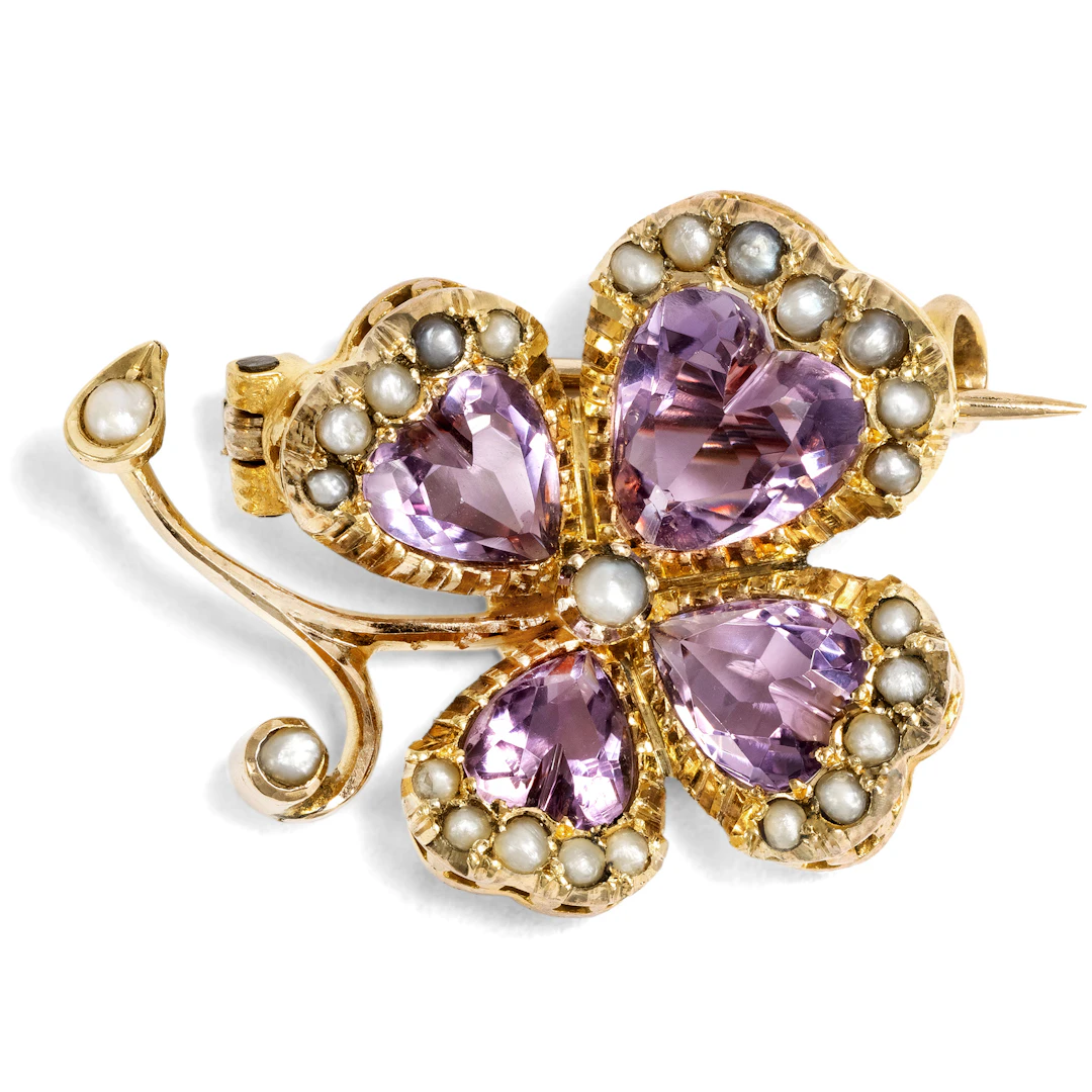 Antique Amethyst and Seed Pearl Brooch in Gold, c. 1895