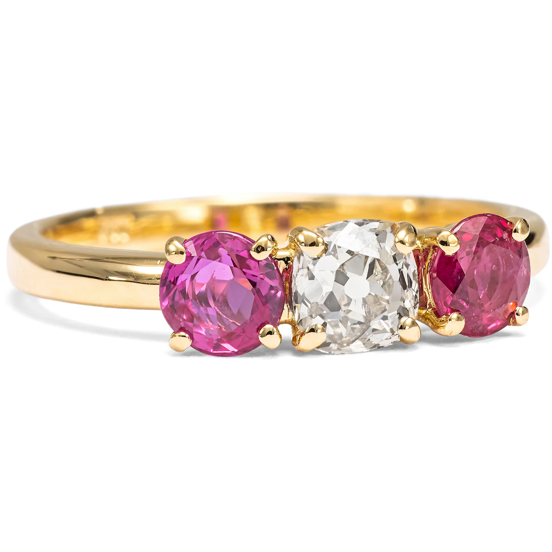 Sparkling “Trilogy” Ring with Rubies & “Old Mine Cut” Diamond, from