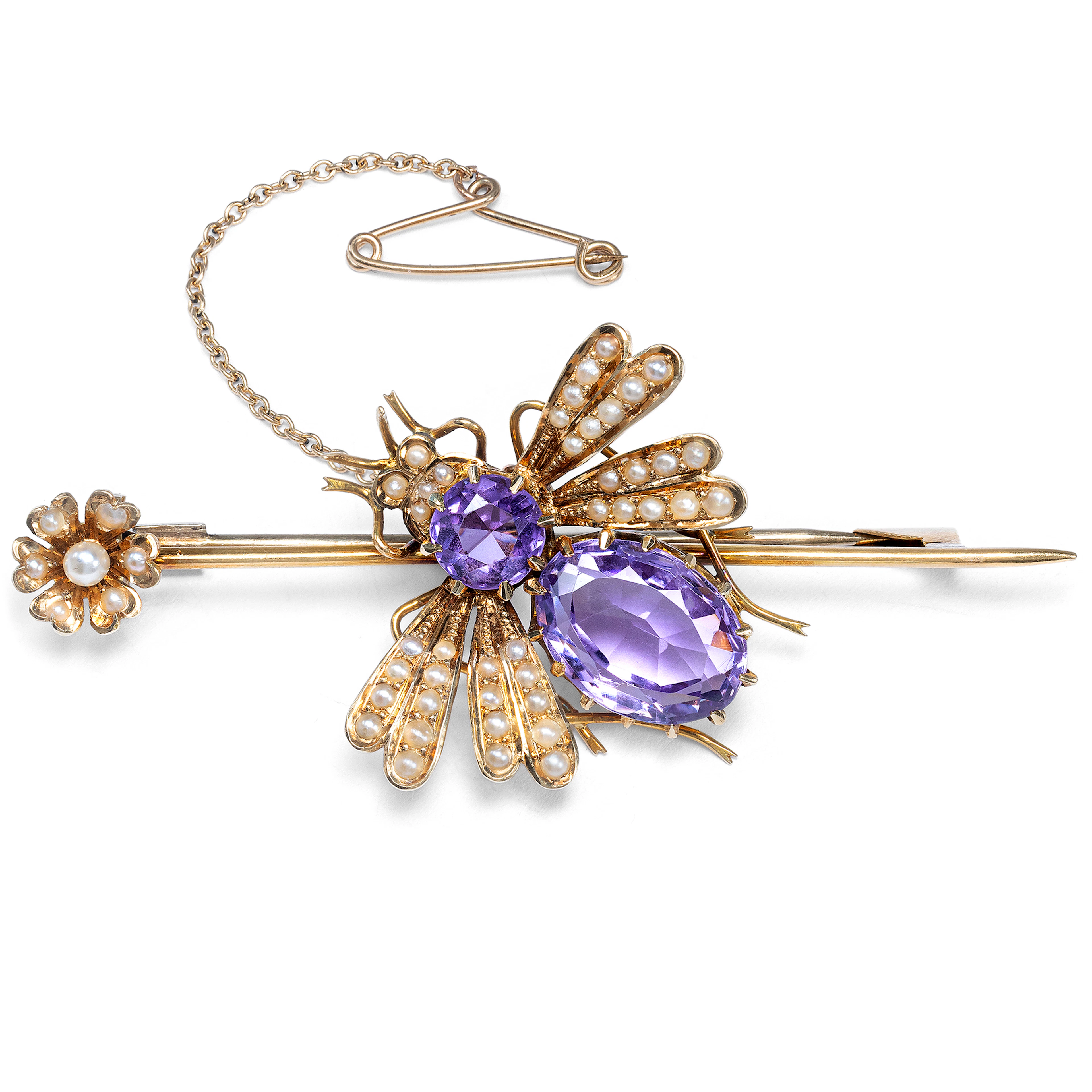Antique Fly Brooch of Amethyst and Pearls in Gold, c. 1890